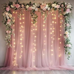 Tulle Backdrop Curtain with Lights String 10FT X 8FT Dusty Rose Sheer Tulle Backdrop Curtains for Wedding Birthday Party Reception Photo Booth Background Decorations (2 Panels 5x8FT) Tulle Backdrop Curtain with Lights String 10FT X 8FT Dusty Rose Sheer Tulle Backdrop Curtains for Wedding Birthday Party Reception Photo Booth Background Decorations (2 Panels 5x8FT)
