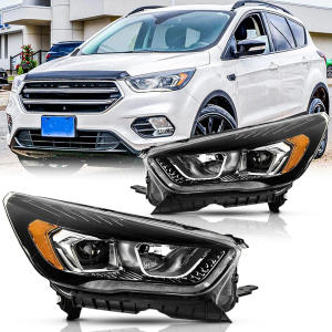 Headlights Assembly with Bulbs for 2017 2018 2019 Ford Escape S SE SEL Titanium Halogen Headlamps w/LED DRL Replacement Driver and Passenger Side Pair (LH RH),Black Housing Amber Reflector