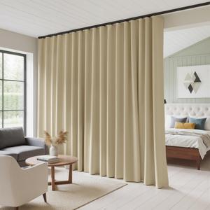 RYB HOME 100% Blackout Sliding Door Curtain, Extra Wide Room Divider Curtain with Hooks, Bedroom Drape Thermal Insulated& Privacy Assurd, W100 x L90, Beige, 1 Panel