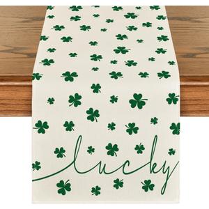 Artoid Mode Beige Lucky Shamrock St. Patrick's Day Table Runner, Seasonal Spring Holiday Kitchen Dining Table Decoration for Indoor Outdoor Home Party Decor 13 x 60 Inch