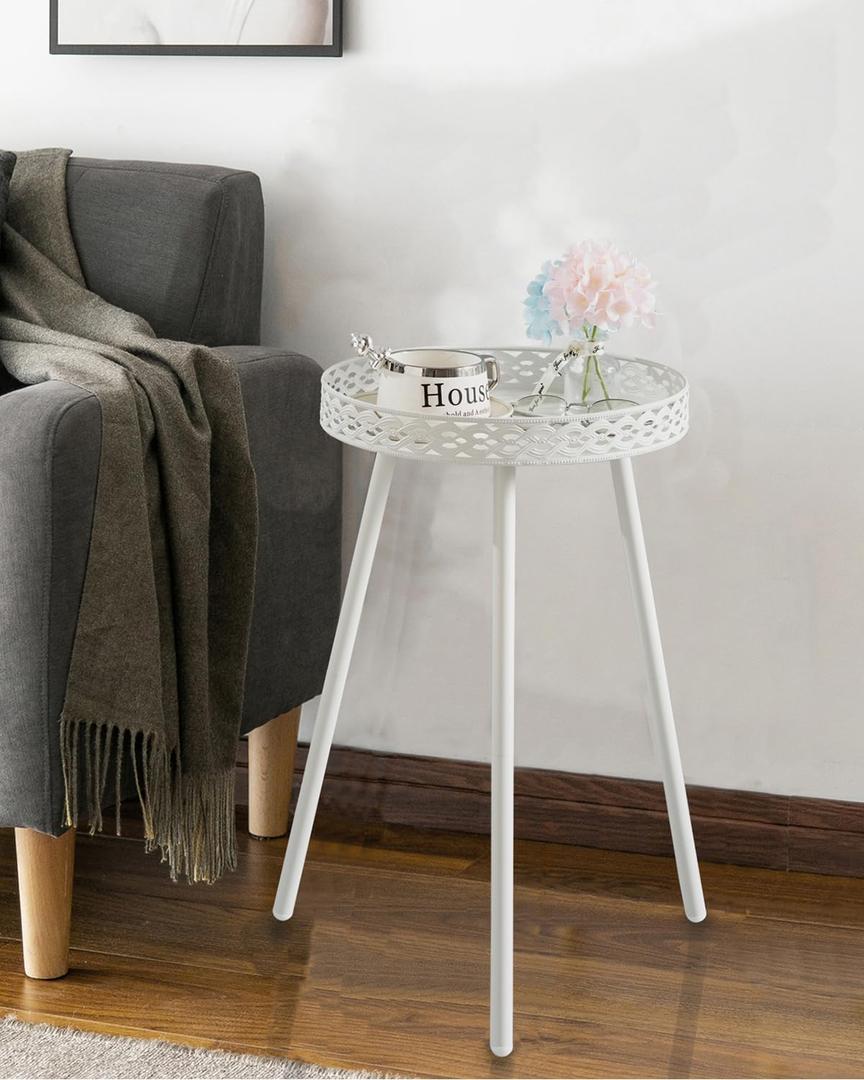OhuaCason Side Table for Living Room: Small Round End Table for Women - White