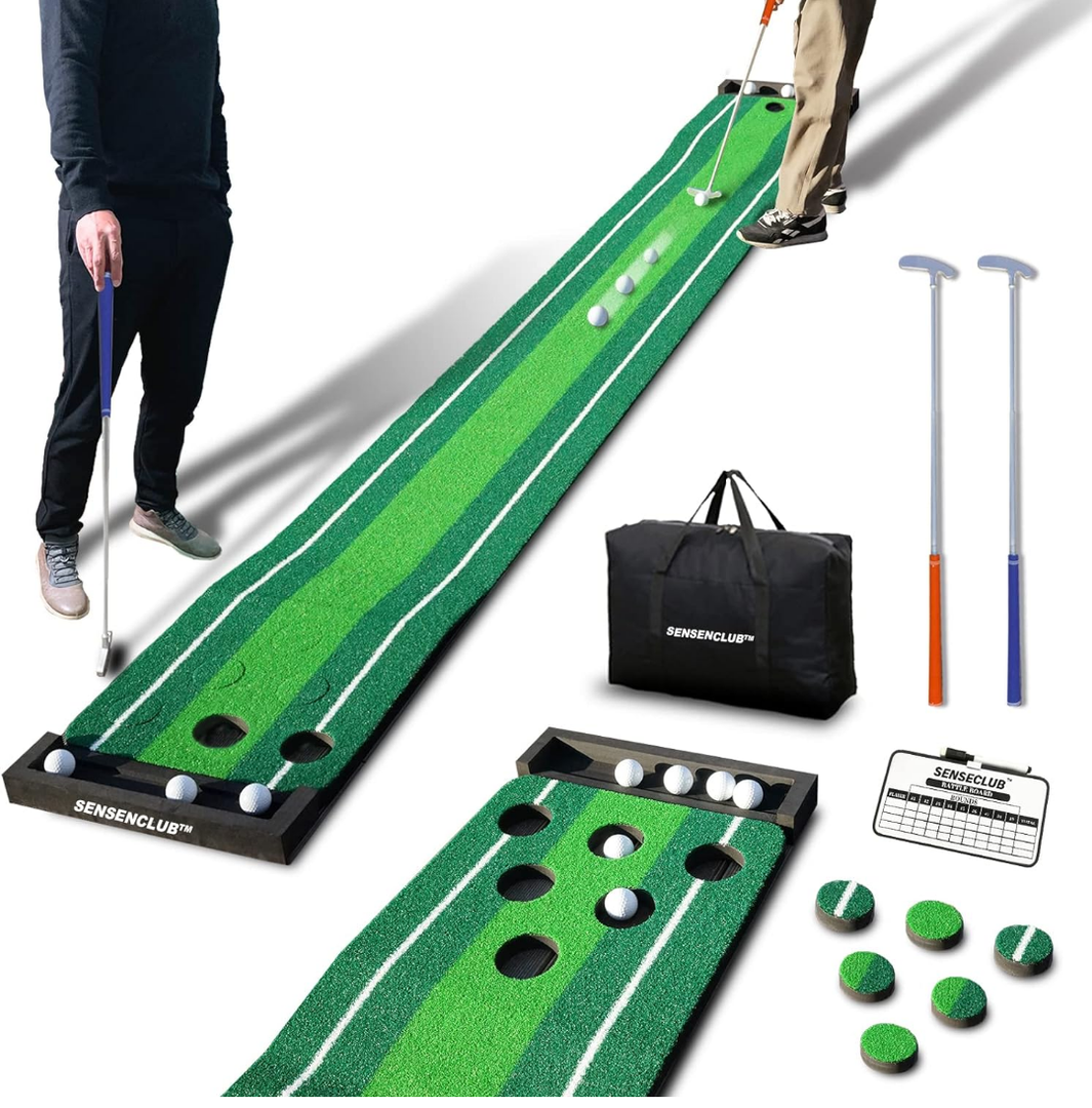 SENSECLUB Indoor Putting Green, Foldable Putting Mat Golf Pong Game Set, Golf Gifts for Men with Ball-Collect System