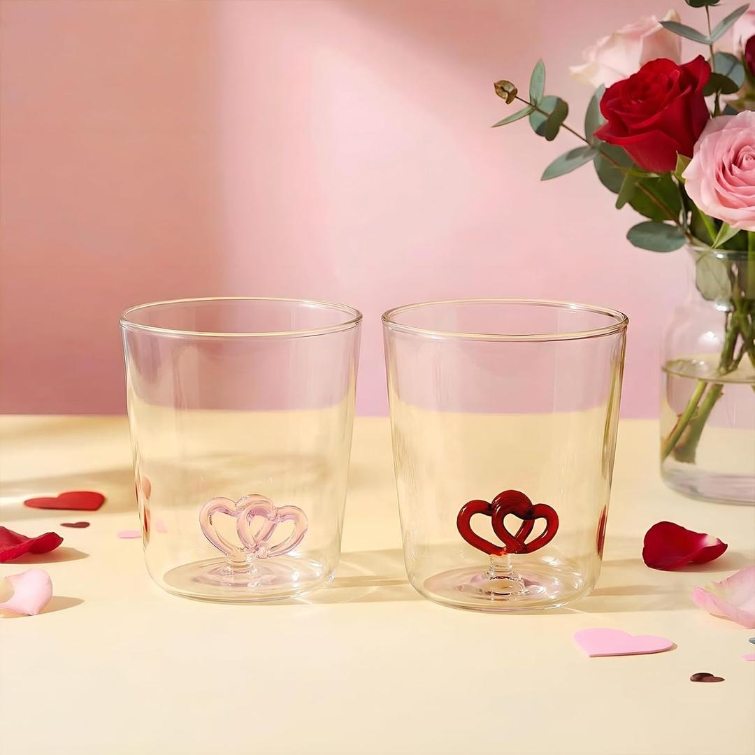Potchen 2 Pcs Mothers Gift Set 3D Wine Glasses with Pink and Red Heart Designs, 10oz Heart Themed Wine & Water Glasses Stemless, Mother's Day Party Gift