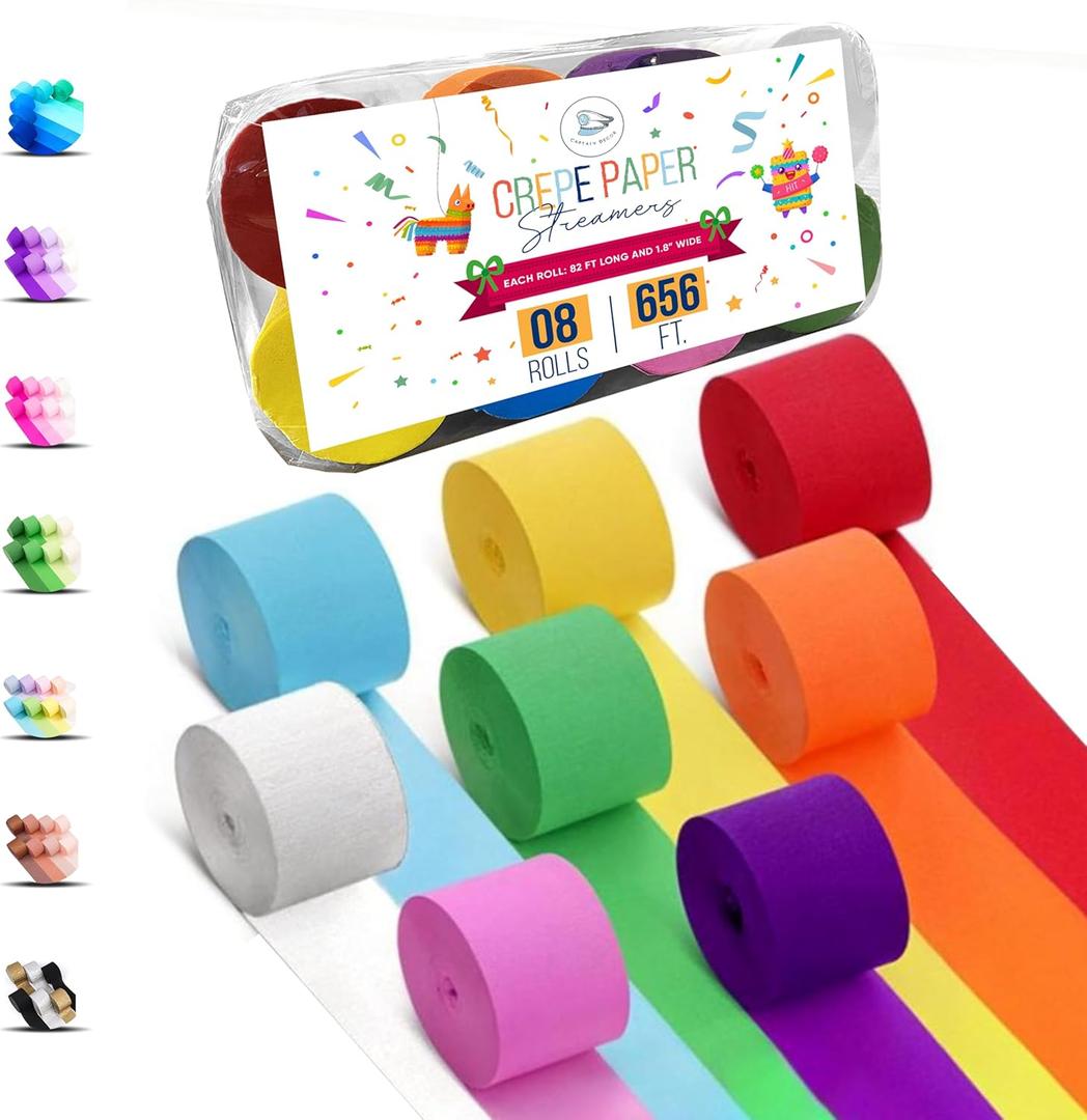 8 Crepe Paper Streamers Rolls, 656ft Pack of Unique 8 Rainbow Streamers Party Decorations, Birthday Streamers, Party Streamers for Wedding Decoration (1.8 inch x 82 ft/Roll) (Multi-color)