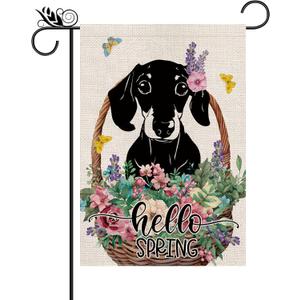 Spring Garden Flag Hello Spring Dachshund Vertical Double Sided Flowers Butterfly Farmhouse Yard Lawn Outdoor Decor 12.5x18 Inch