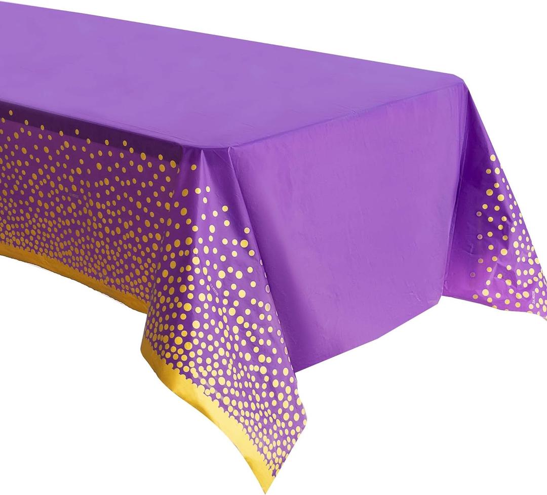 2 Pack Premium Purple and Gold Plastic Tablecloths Thick, Durable, Reusable Table Covers (54 x 108 in) Stylish Party Decor for Birthday, Rapunzel, Tangled, Purple Birthday Decorations