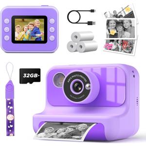 Instant Print Camera for Kids, 1080P Digital Video Cameras, Christmas Birthday Gifts Toys for Age 3-12, Toddler Camera for 4 5 6 7 8 9 10 Year Old Girls - Purple