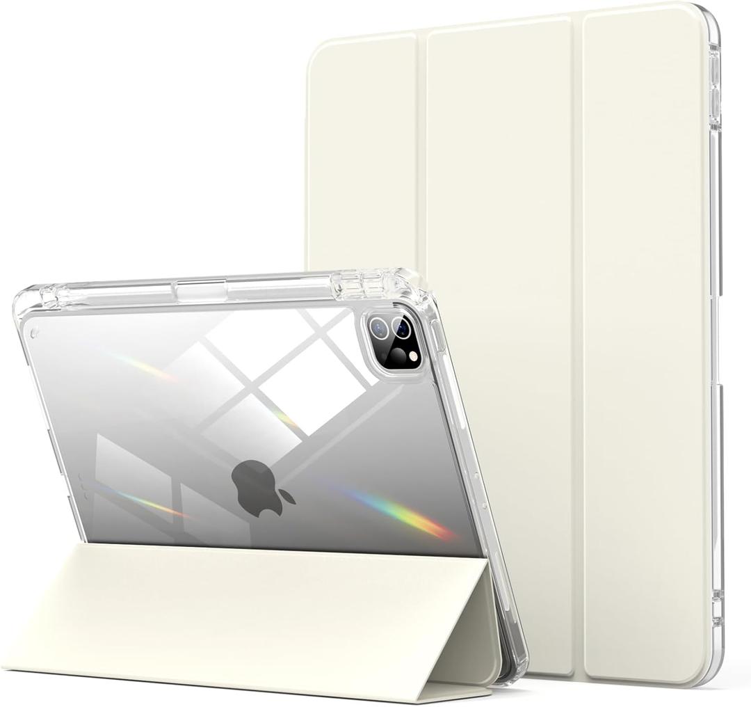 Aoub Crystal Case for iPad Pro 11 inch 4th/3rd Generation 2022/2021, Hard Clear Back with Pencil Holder, Auto Sleep/Wake Support Pencil Wireless Charging, for iPad 11" Pro 2nd 1st 2020 2018 - Cream