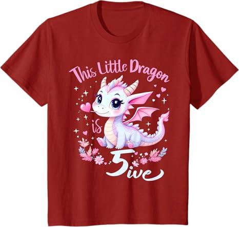 Turning 5 Year Old Birthday 5th Bday Dragon Girl T-Shirt, Cranberry Red Size S
