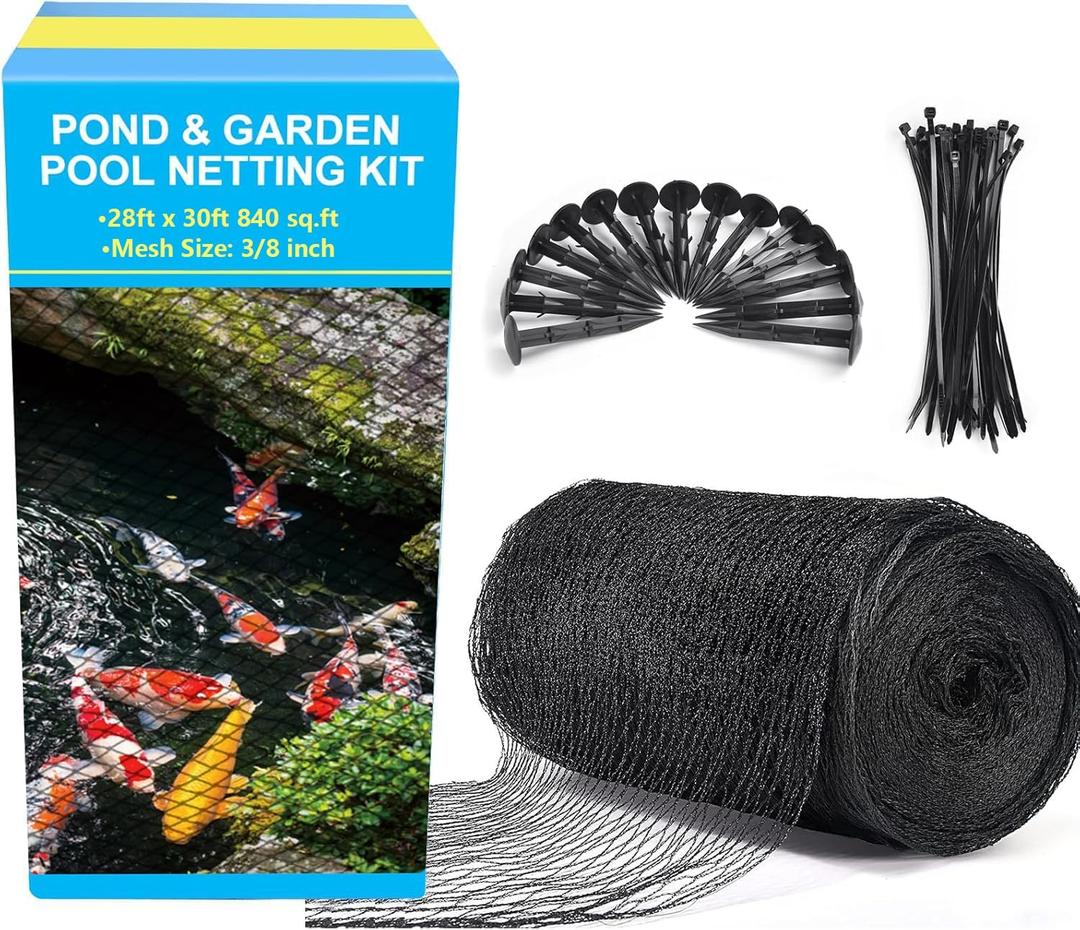 Pond Netting, 28 x 30FT Pond Net for Koi Ponds, Garden Pool Fine Mesh Pond Netting Cover for Leaves, Protects Koi Fish from Birds, Cats, Predators, with 14 Stakes and 30 Cable Zip Ties