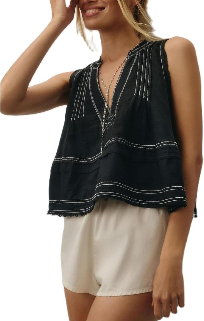 Women Y2k Embroidered Floral Swing Crop Tank Top Summer V Neck Linen Going Out Cropped Vest Beachwear (Black, L)
