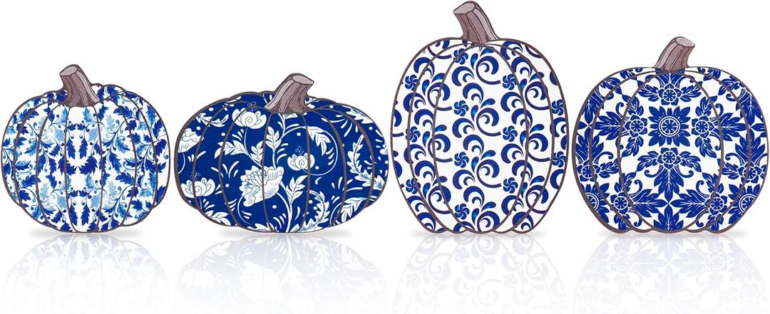 WATINC 4PCS Fall Pumpkin Wood Centerpiece Table Decor, Autumn Thanksgiving Tiered Tray Decorations, Chinoiserie Pumpkin Block Set, Halloween Rustic Harvest Party Wooden Sign for Home (Double Printed)