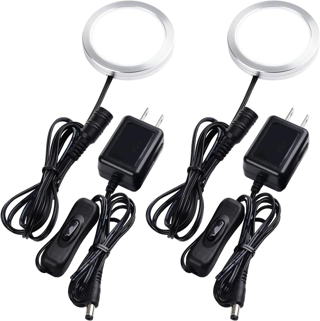 Single Under Cabinet LED Puck Light, Curio Display Case Shelf Counter Accent Lighting, 120V Electric Wired Wall Plug in, On Off Switch, Black Cords, 2 Packs, Daylight (2 Puck Lights & 2 Adapters, Daylight)