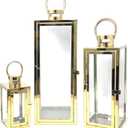Allgala 3-PC Lantern Set 23 Inch Jumbo Deluxe Modern Indoor/Outdoor Candle Lantern Set Stainless Steel Frame Tempered Glass Rectangular Gold Color for Garden Poolside Fireplace Wedding