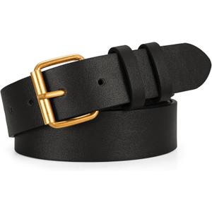SANSTHS Belts for Women for Jeans Coats Dresses, Leather Belt Women with Classic Bronze Buckle (Black)