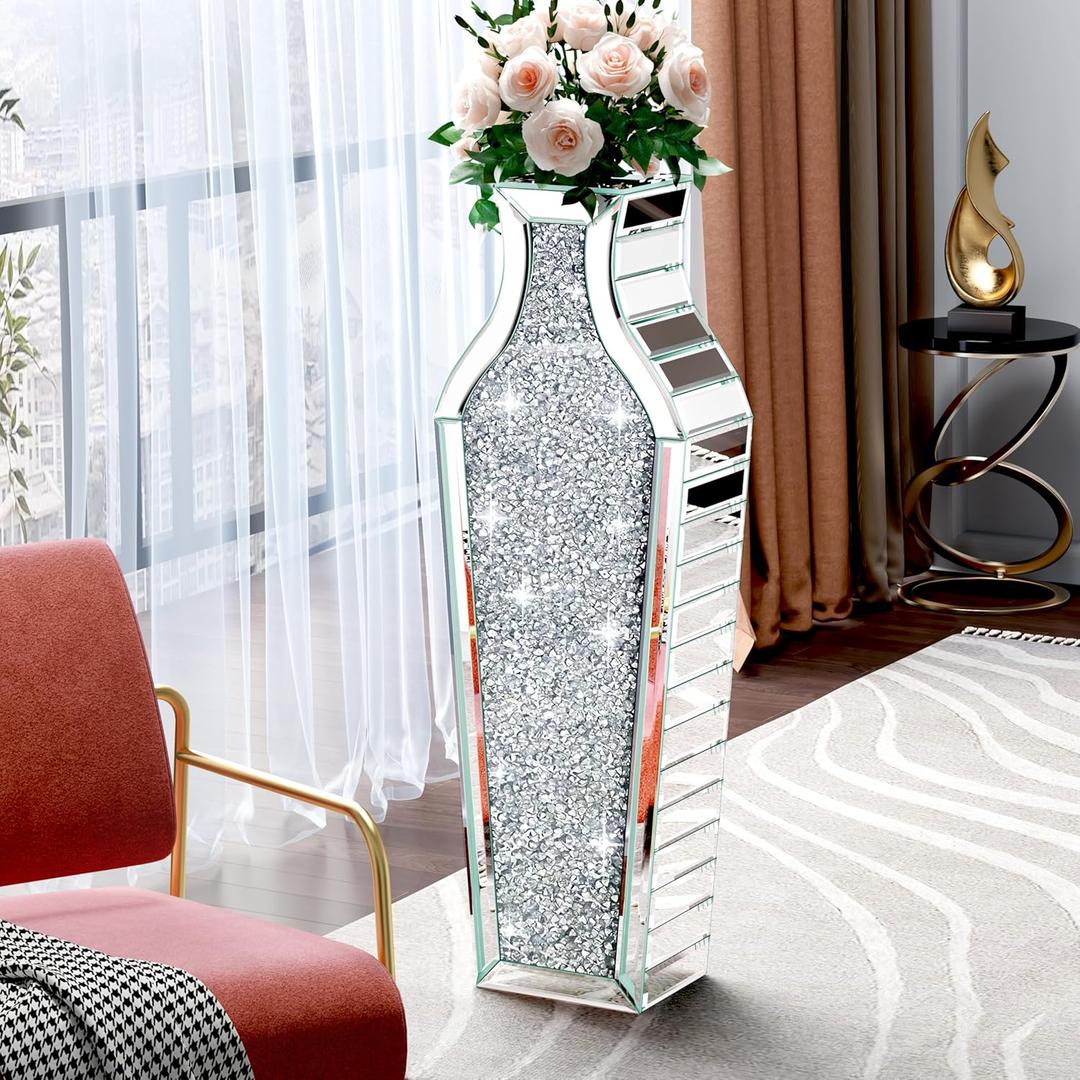 27" Tall Floor Crystal Vase, Crushed Diamond Floor Vase, Large Silver Vases for Decor, Living Room, Big Glass Vases (Crystal)