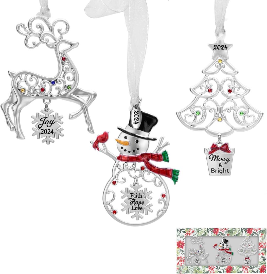 Laraine Christmas Tree Ornaments 3 Pieces 2024 Decorative Hanging Pendant of Car Charm Holiday Keepsake Gift Home Decor (Gift Set - B (2024)