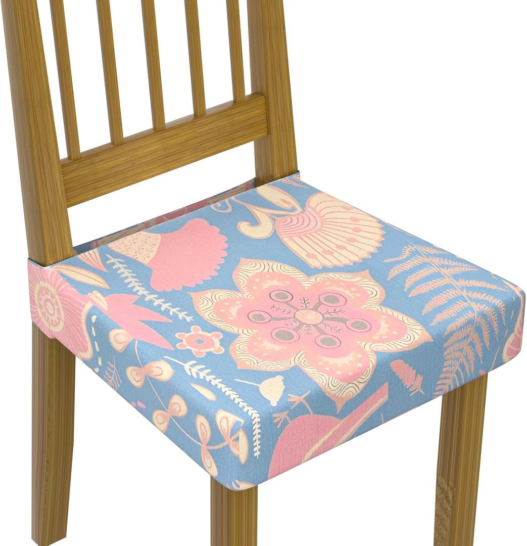 Stretch Dining Chair Seat Covers Set of 4,Dining Chair Slipcovers, Floral Printed Chair Covers,Soft Fabric Washable Upholstered Chair Seat Protector, No Rear Covers for Home Kitchen Dining Room (Folk Floral Pattern)