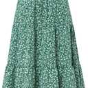 Women's Boho Floral Tiered Midi Skirt Elastic Waisted Pleated A-line Casual Summer Long Skirt (Green)