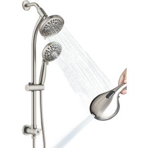 High Pressure Handheld/Rain 82-mode 3-way Shower Head Combo with 25.75" Adjustable Drill-free Stainless Steel Slide Bar, Pet & Tub Power Wash and Anti-clog Nozzles, with 5ft Hose - Brush Nickel