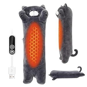 Noodle Cat Heating Pad for Period Cramps, Menstrual Pain Relief, Cute Stuffed Animal Electric Heating Pad, USB Powered Heated Plush Toy, Portable Warm Cushion Gift for Women Teen Girls Christmas, Grey