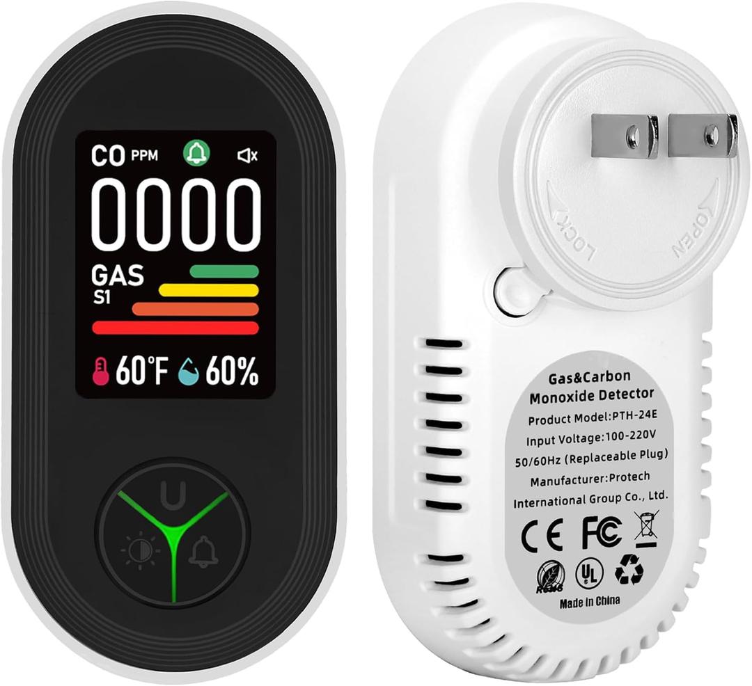 New Upgraded Plug-in Carbon Monoxide & Natural Gas Detector with Screen Flip, 4-in-1 Combination CO & Gas Detector with Temp/Humidity Sensor, CO, Propane, LPG, Explosive Gas Alarm (1-Pack)