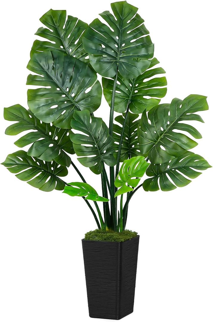 UPBUD Artificial Monstera Deliciosa Plant, 5FT Fake Monstera Tree with 12 Lifelike Leaves & Black Pot, 60in Tall Faux Floor Trees Fake Plants for Indoor Office Porch Living Room Windowsill Decor