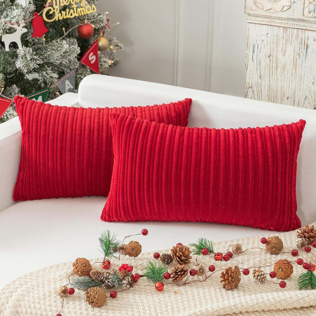 Kevin Textile Decorative Plush Striped Velvet Corduroy Christmas Oblong Pillowcase Accent Cushion Cover, 12 x 20 inches (30x50 cm), Set of 2, Burgundy