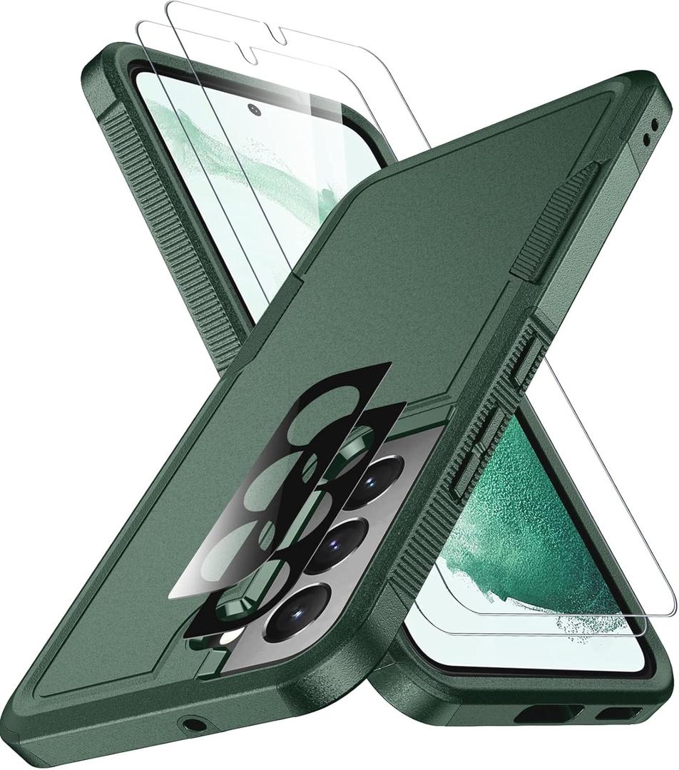 SPIDERCASE Designed for Samsung Galaxy S22 Case, [10 FT Military Grade Drop Protection],2 Pack [Tempered Glass Screen Protector+Camera Lens Protector] Heavy Duty Shockproof Case,Deep Green
