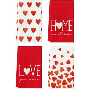 Artoid Mode Red Heart Love Valentine's Kitchen Towels Dish Towels, 18x26 Inch Farmhouse Anniversary Wedding Decoration Hand Towels Set of 4