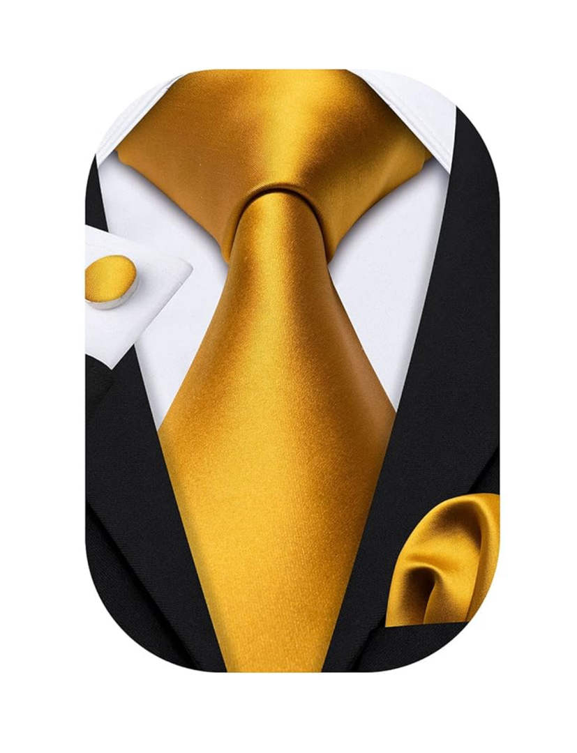 Barry.Wang Plain Men Silk Ties Extra Long Stain Necktie for Wedding Business Handkerchief Cufflinks Set Solid Colors