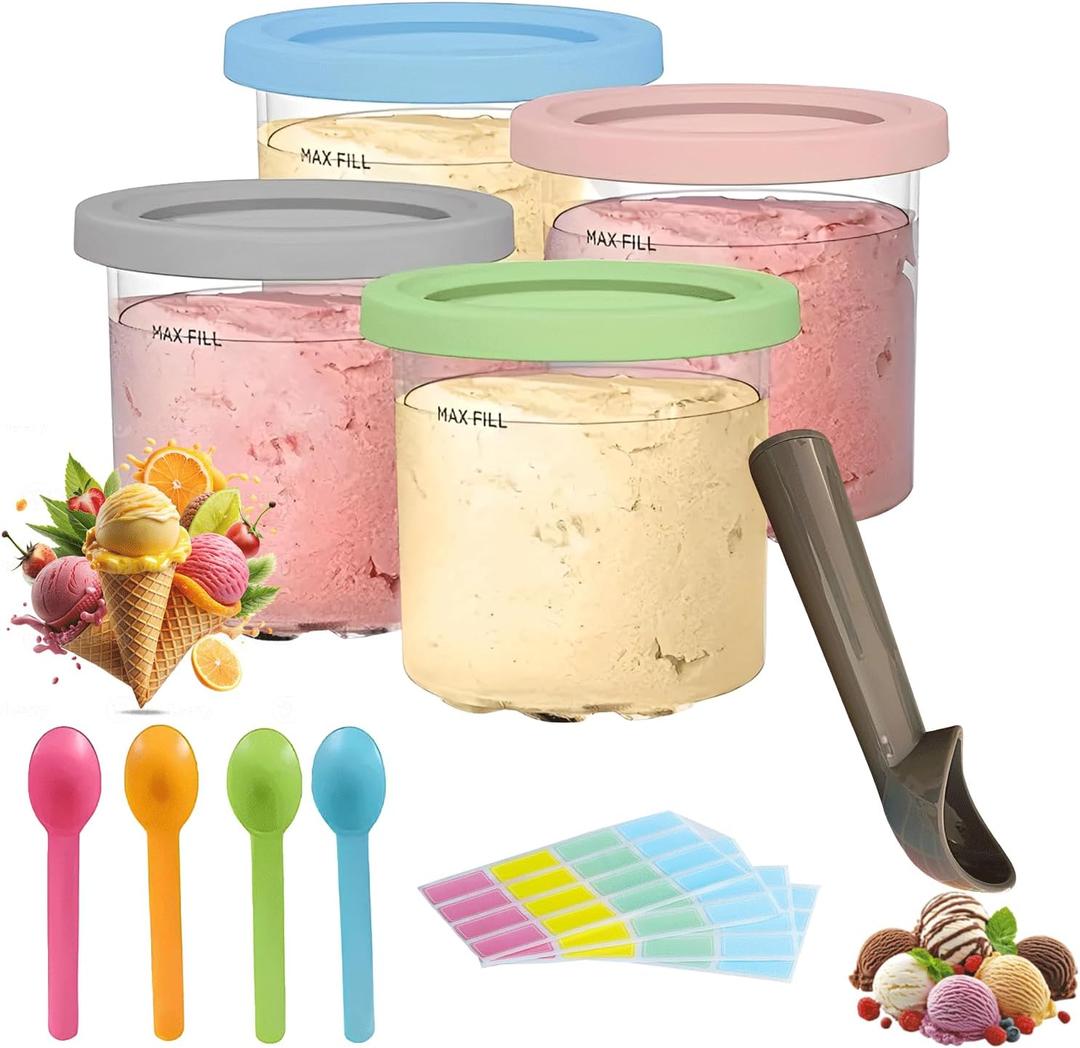 Pack of 4 Ninja Creami Containers Pints and lids Compatible with NC299AM C300s Series, Ninja Creami Maker Machine Accessories, Ninja Creami Deluxe Containers Dishwasher Safe & Assorted Colors