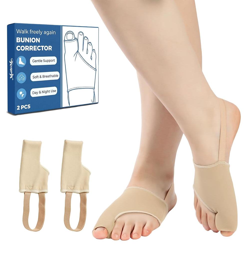 2 x MasterMo 2 PCS Bunion Corrector for Women & Men - Professional Big Toe Straightener with Non-Slip Heel Strap, Breathable Bunion Splint & Relief Socks for Hallux Valgus, Day & Night Support (Nude, L)