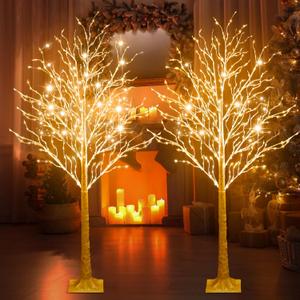 2 Pcs 6ft-400led Lighted Birch Tree 8 Modes Christmas Artificial LED Warm White Lights Birch Tree for Indoor and Outdoor Home Decor Thanksgiving Holiday Decoration
