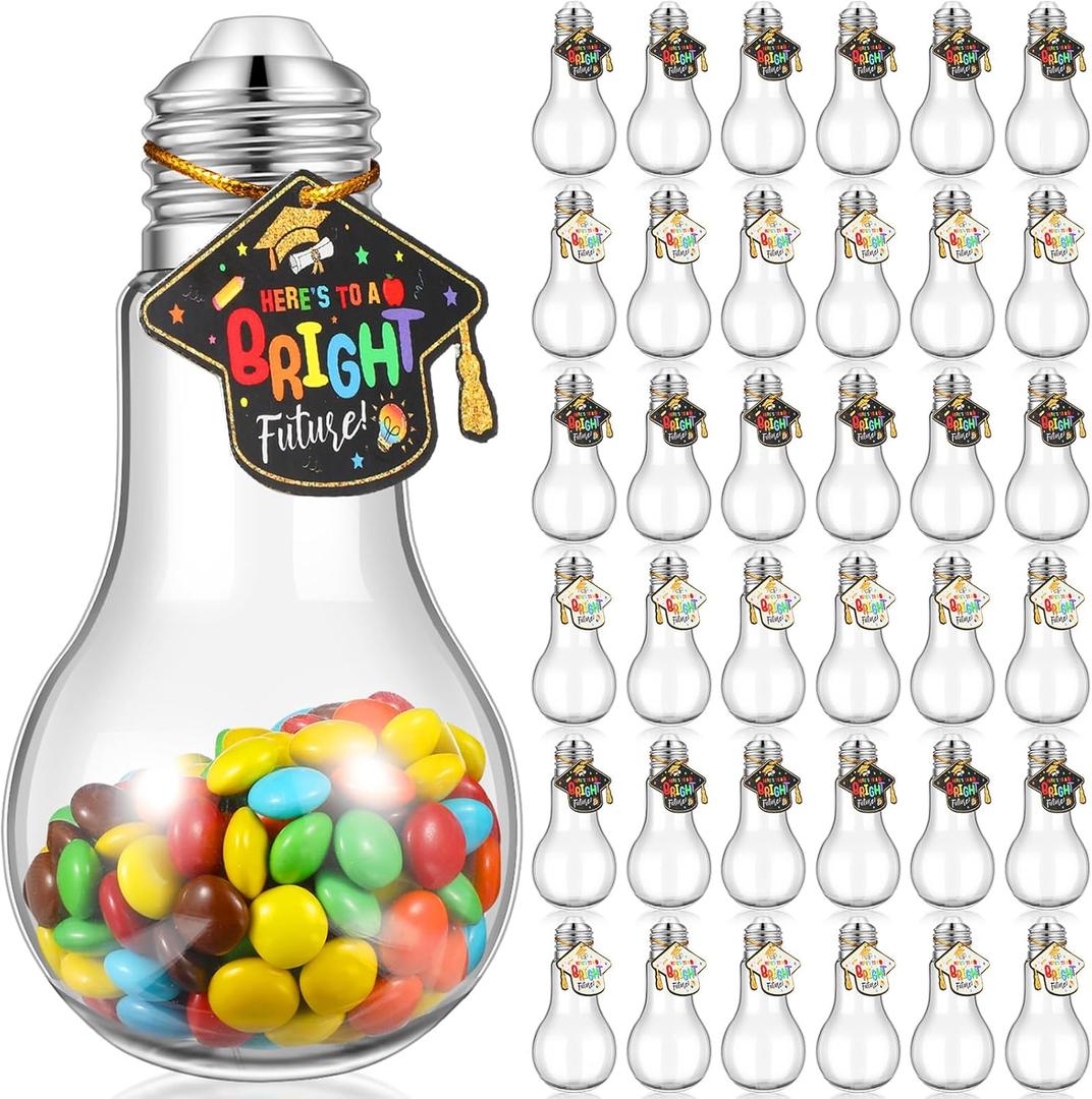 Sabary 48 Pack 2026 Graduation Gifts 100 ML Plastic Light Bulb Jars with Graduation Cards, Light Bulb Candy Container Drinking Cups Fillable Drink Ornaments Clear Candy Jars For 2026 Grad Party