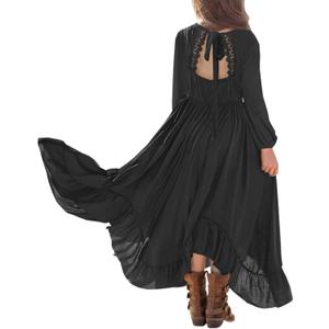 MITILLY Girls Boho Lace Flower Backless Crew Neck Long Sleeve Ruffle Swing Maxi Dress with Pockets (12 Years, Black)