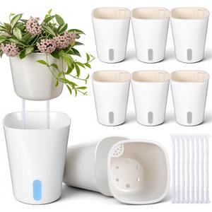 8 Sets Self Watering Pots for Indoor Plants, 4 Inch White Small Self Watering Planters Plastic Garden Pots with Water Level Indicator & Vents for All House Plants, Flowers, Succulents