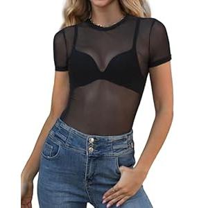 WIHOLL See Through Tops for Women Black Short Sleeve Summer Sheer Mesh Sexy Bodysuit Trendy Loose Fitted Blouse XL