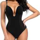 Decorus Women's Low Back Shapewear Tummy Control Deep V Neck Backless Body Shaper Plunge Thong Bridal Bodysuit Built in Bra, XXL, Black