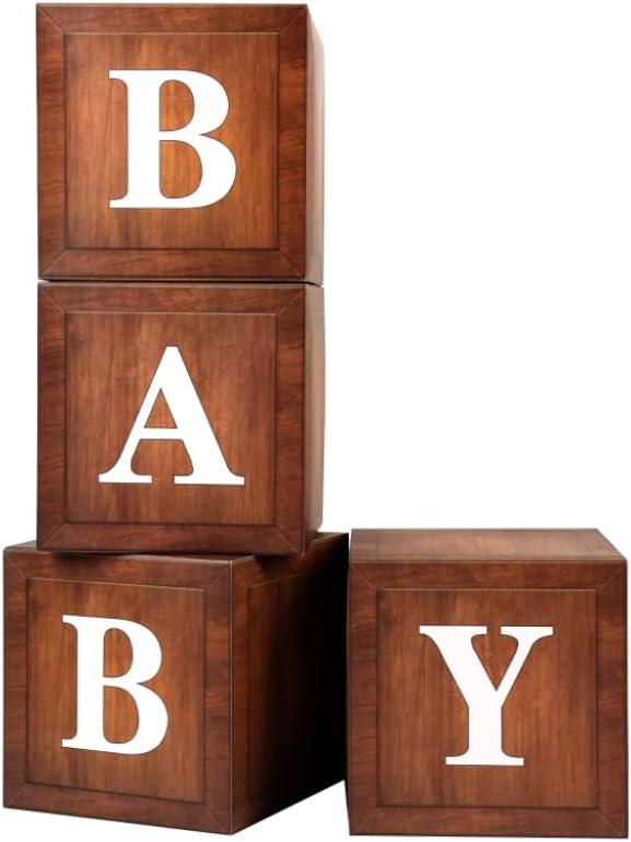 Wood Baby Shower Boxes Party Decorations - 4 Wood Grain Brown Blocks with Printed BABY Letters, Gender Reveal Backdrop,Teddy Bear Baby Shower Supplies, First Birthday Centerpiece Decor