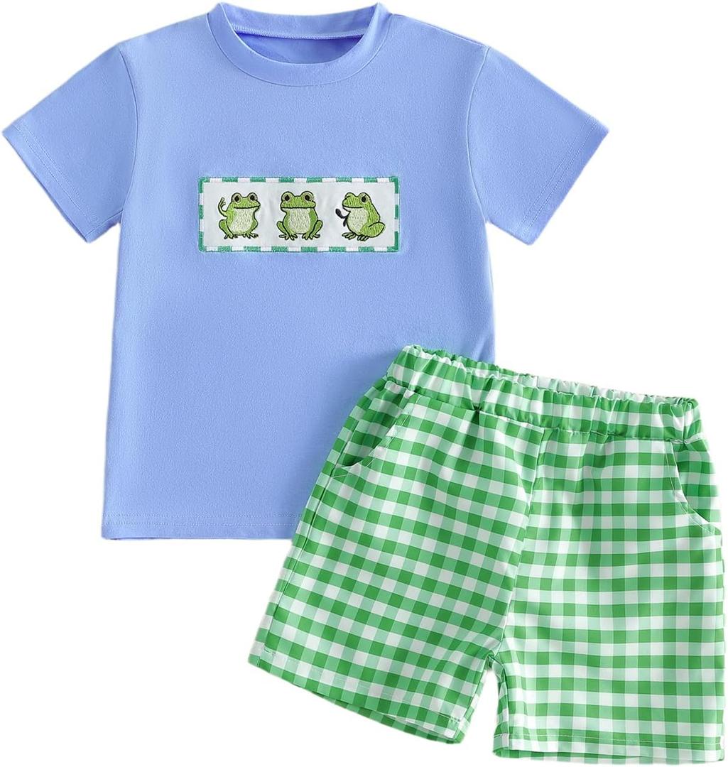 Toddler Baby Boys Frog Outfit 2Pcs Infant Summer Clothes Embroidery Short Sleeves T Shirts and Gingham Shorts Set