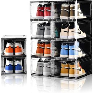 10 Pack Shoe Boxes Stackable,Upgraded Sturdy Storage Boxes with Clear Magnetic Door,Multifunctional Sneaker Organizer Fit up to US Size 12 (13.8x 9.84x 7.1) (Black Clear)