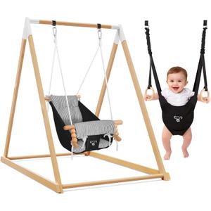 2-in-1 Baby Jumper & Swing, Montessori Wooden Toddler Swing Set with Stand for Indoor/Outdoor, Baby Bouncer Jumper & Hammock Swing with 5-Point Harness, Suitable for Children Ages Up to 3 Yrs