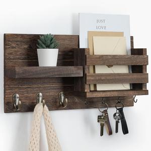 Mail Organizer for Wall Mount  Key Holder with Shelf Includes Letter Holder and Hooks for Coats, Dog Leashes  Rustic Wood with Flush Mounting Hardware (16.5 x 8.7 x 3.5) (Brown)