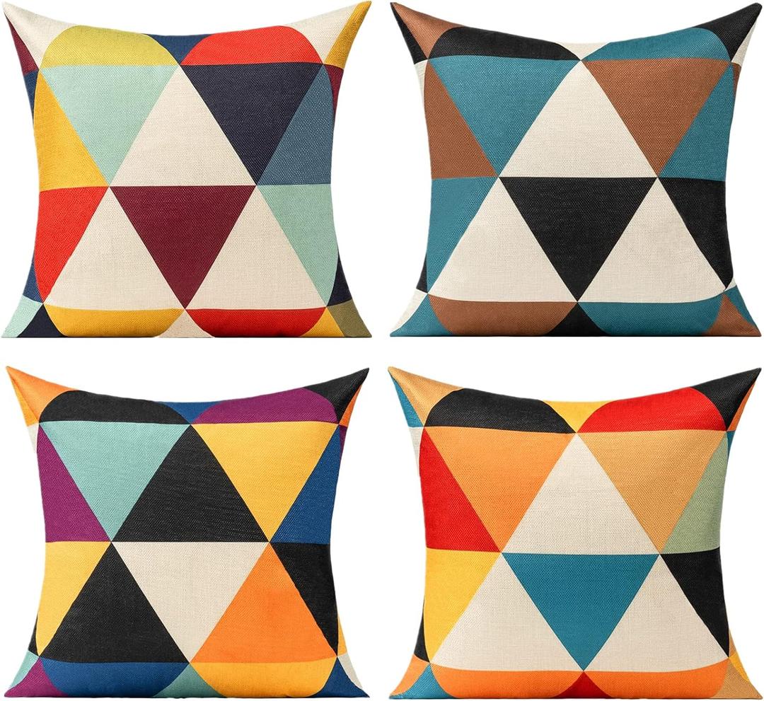 All Smiles Outdoor Throw Pillow Covers 18x18 Set of 4 Boho Colorful Fun Mid Century Modern Home Dcor Summer Fall Cushion Cases for Patio Furniture Couch Living Room,Geometric Yellow Orange (18" x 18" (Pack of 4), Colorful Geometry)