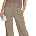 ANRABESS Women Two Piece Outfits Crochet Sheer Knit Sweater Top Wide Leg Pants Lounge Matching Sets Sweatsuit Travel Clothes (Beige, L)