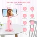 Auto Face Tracking Tripod 360 Rotating Cell Phone Photo and Video Kits Stand, No App, Camera Stand with Remote and Gesture Control, Rechargeable Smart Shooting Stand for Live Recording TiktokPink