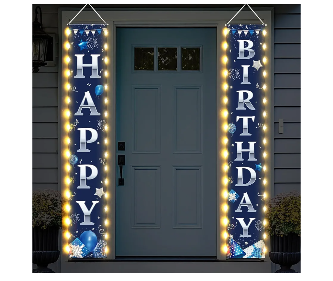 Breling Happy Birthday Banner with Lights 71 x 12 Inch LED Happy Birthday Decoration Door Banner Party Porch Sign Outdoor Indoor Hanging Supplies for Women Men(Blue Silver)