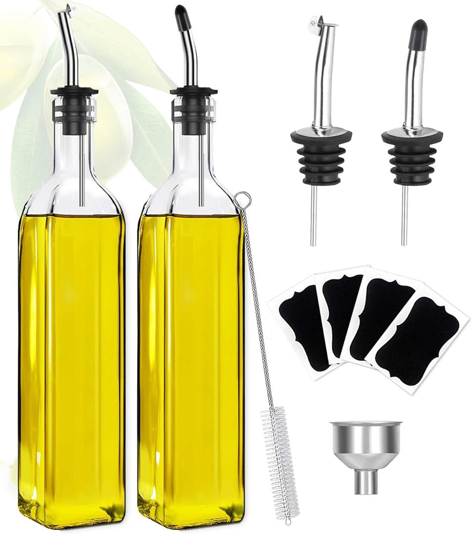 Showvigor Olive Oil Dispenser Bottle, Vinegar Cruet Bottle 17oz/500 ml, Square Tall Glass Oil Container with 2 Stainless Steel Pourers, 4 Labels,1 Brush and 1 Funnel Oil Bottles for Kitchen(2 Set)