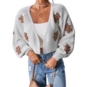 SweatyRocks Women's Graphic Embroidery Long Sleeve Loose Cardigan Open Front Knit Cardigan Crop Sweater (Small, White)